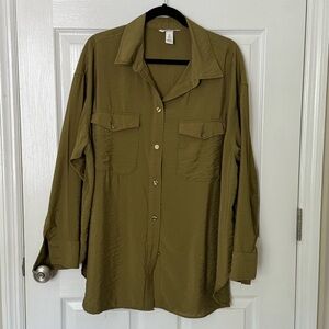 H&M Khaki/Olive Green Oversized Casual Button-Down Shirt Size L